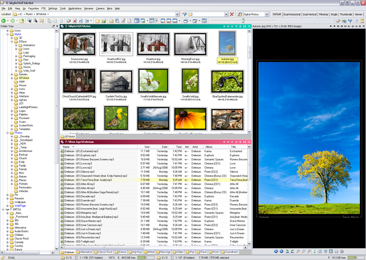 Click to Enlarge: Directory Opus 9 on XP managing some photos and MP3s.