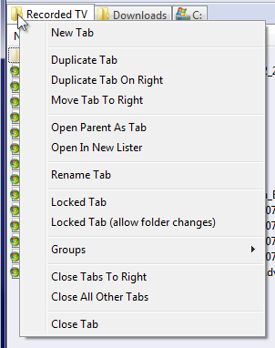 Directory Opus 9: Right-clicking a tab's icon opens a menu with actions that affect the tabs themselves.