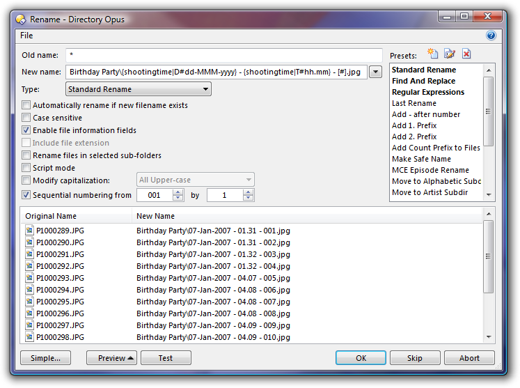 Directory Opus 9: Here the Shooting-Time tag is inserted using the dd-MMM-yyyy and hh.mm formats for date and time.