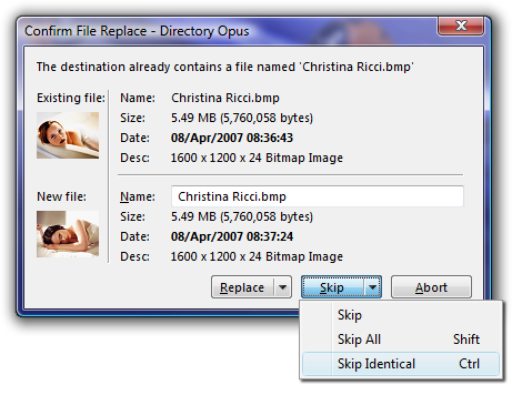 Directory Opus 9: Skip Identical ignores files with the same name, size and date.